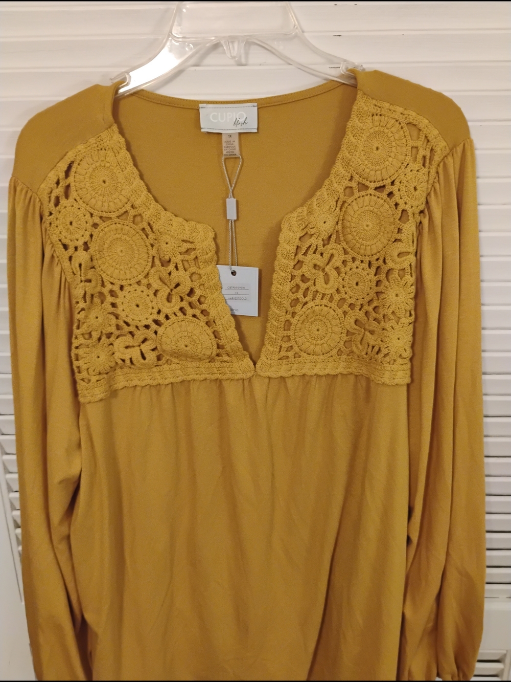 Cupio Mustard Crochet Yoke Long Sleeve Blouse View 3